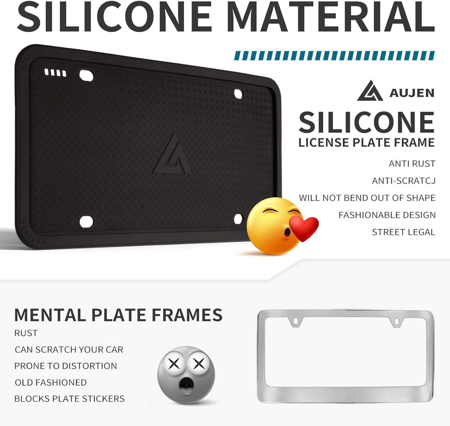 Aujen Silicone License Plate Frames 2 Pack Black